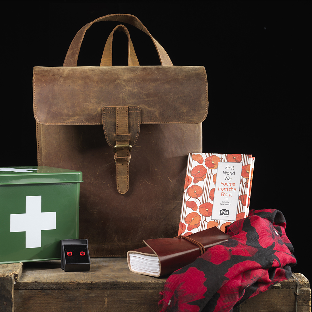 A selection of First World War inspired shop items including 'First World War poems from the front' and a distressed leather backpack.