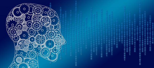 Human head with cogs and binary code representing information