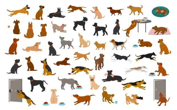 A variety of cartoon dogs on a white background
