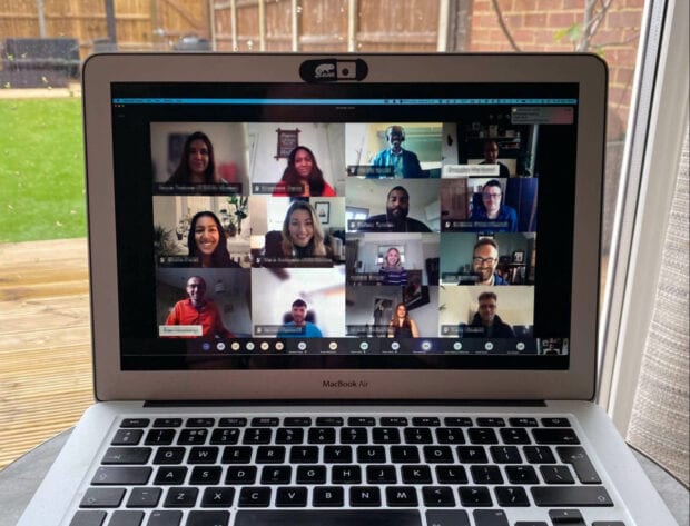 A laptop computer showing members of the UK Export Finance’s Digital Trade Finance Service team and CDDO’s assurance team on a joint video call