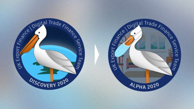 Two stickers from UK Export Finance’s Digital Trade Finance Service teams – one from their Discovery, one from their Alpha phase work showing a stork
