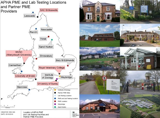 Image entitled: APHA PME and Lab Testing Locations and Partner PME Providers. Map of the UK indicating locations of such sites for: Lasswade, SAC St Boswells, Newcastle, Penrith, Thirsk, Sand Hutton, Shrewsbury, Bury St Edmunds, Royal Veterinary College, Institute of Zoology, Weybridge, University of Surrey, Starcross, University of Bristol, Carmarthen and WVSC Aberystwyth University). Ten images of APHA Veterinary Investigation Centres are displayed in a grid to the right of the map.