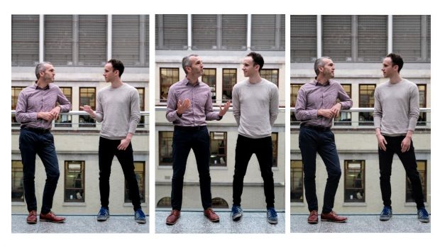 Chris Webber and Damien Conningham-Hynes, who together set up the thought experiment series, chatting against the backdrop of a building.