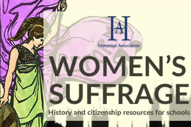 Graphic with the words Historical Association, Women's Suffrage, History and citizenship resources for schools, superimposed on an image of a figure symbolising the suffrage movement, and a silhouette of the Houses of Parliament and Westminster Abbey