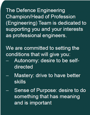 The Defence Engineering Champion/Head of Profession (Engineering) Team is dedicated to supporting you and your interests as professional engineers. We are committed to setting the conditions that will give you: Autonomy: desire to be self directed Mastery: drive to have better skills Sense of Purpose: desire to do something that has meaning and is important