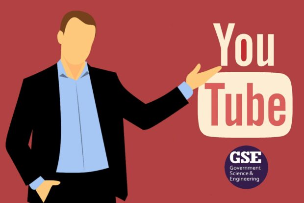 Man points to YouTube symbol. Below is an image of the GSE Government Science and Engineering YouTube Channel.