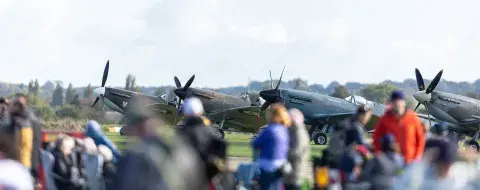 Visitors at Duxford Air Shows in front of a line of Spitfires
