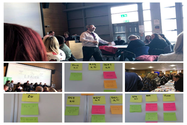 A collage of seven photos, a large phot of a speaker at a conference, post it notes for a business plan and stalls of government departments during conference