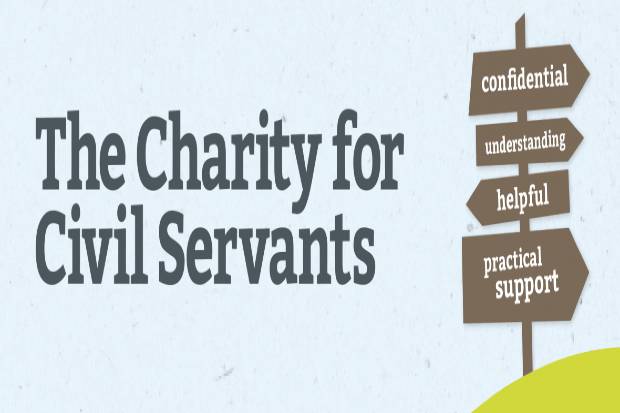 Blue background with the words The Chairty for Civil servants with a post to the right signposting confidential, understanding, helpful and practical support