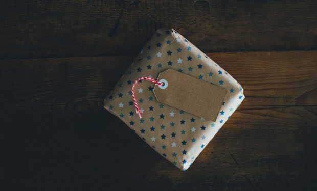 Gift in wrapping paper with a tag