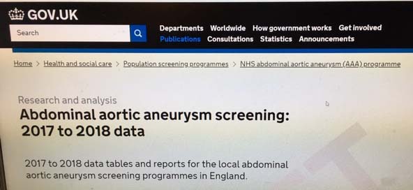 Computer screen showing 2017 to 2018 AAA screening data publication on GOV.UK