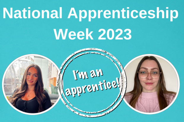 Grace and Chloe in circle borders, with "I'm an apprentice!" written on a stamp. All on a blue background with National Apprenticeship Week 2023 at the top.