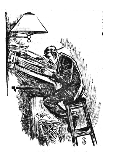 The clerk is perched high on a stool, bent over and closely engaged with inscribing a thick volume or ledger
