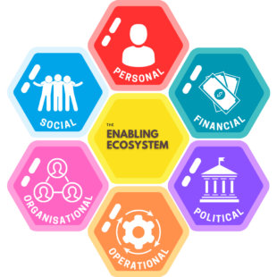 A diagram showing the enabling ecosystem comprising: personal, financial, political, operational, organisational, social.