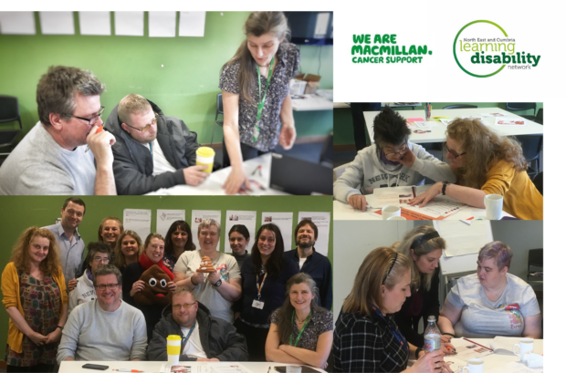 Composite image made up of 4 photos of people with learning disabilities looking at and commenting on draft screening materials at a workshop held by the North East and Cumbria Learning Disability Network