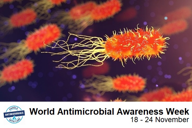 Image of bacteria with the words: World Antimicrobial Awareness Week 19 - 24 November below. Handle antibiotics with care logo below.