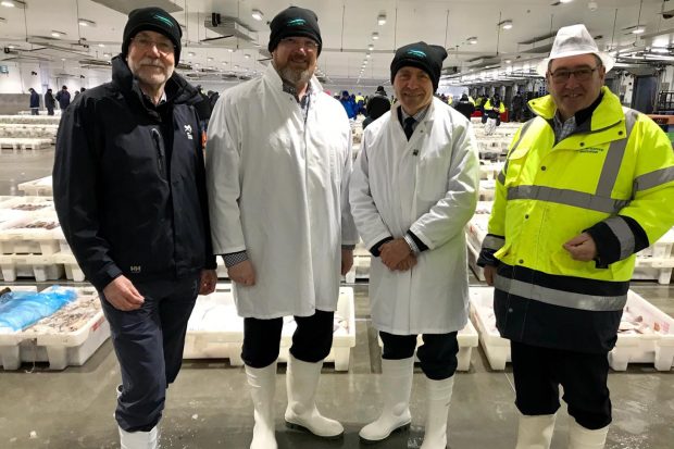 Photo of Fisheries Minister at Peterhead Fish Market l-r: Bertie Armstrong (Scottish Fishermen’s Federation), David Duguid MP, Minister Goodwill, Jimmy Buchan (Scottish Seafood Association)