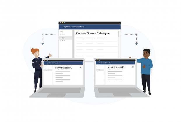 A graphic showing two people standing next to laptops with 'Data Stanards' written on the laptop screens'