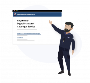 A graphic showing a male in Navy dress pointing to a screenshot of the Royal Navy standards site.