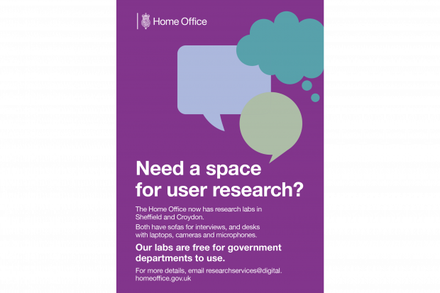 A poster advertising the user researcher labs in Sheffield and Croydon. Both have sofas for interviews, and desks with laptops, cameras and microphones.