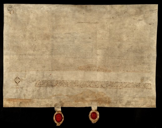 Two red seals are attached to the Treaty of Windsor by strips of parchment