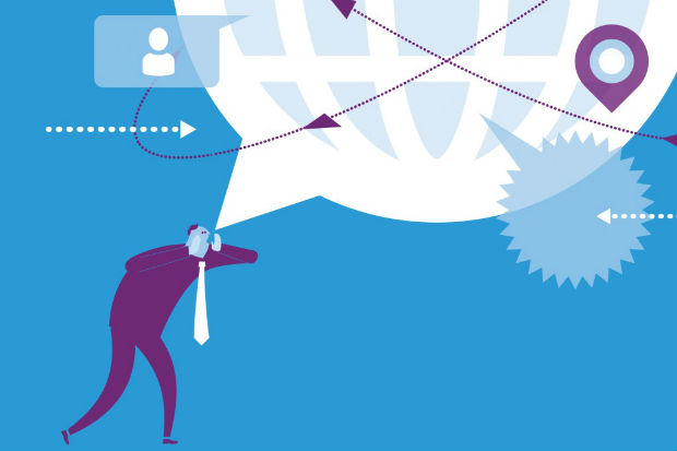 Graphic showing a man with a speech bubble in the shape of a globe coming out of his mouth, circled by arrows and cogs