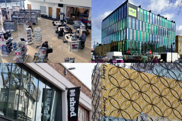 Four photos showing different library buildings