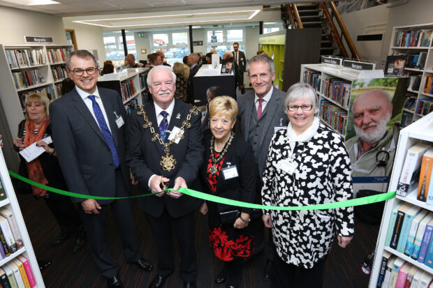 Yarm library re-opens. From left to right: Andrew Haigh (Chief Executive of Newcastle Building Society), Ken Dixon (Mayor of Stockton) and his wife Linda Dixon (Mayoress of Stockton), Reuben Kench, Director of Culture, Leisure and Events, and Cllr Norma Wilburn, Executive Member for Culture, Leisure and Events.