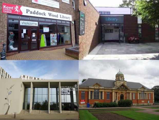 A selection of Kent libraries, clockwise from top left: Paddock Wood, Broadstairs, Dartford, and the Kent History and Library Centre, Maidstone. Photo credits: Julia Chandler/Libraries Taskforce and Kent Libraries