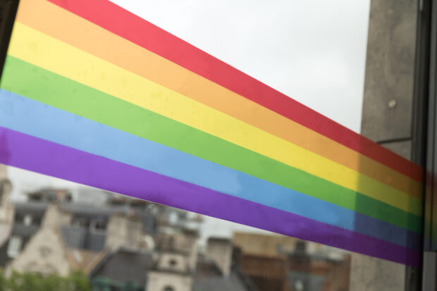 Close-up of rainbow wrap stickers on GDS windows