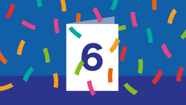 A graphic showing a card with the digit 6 and confetti around it