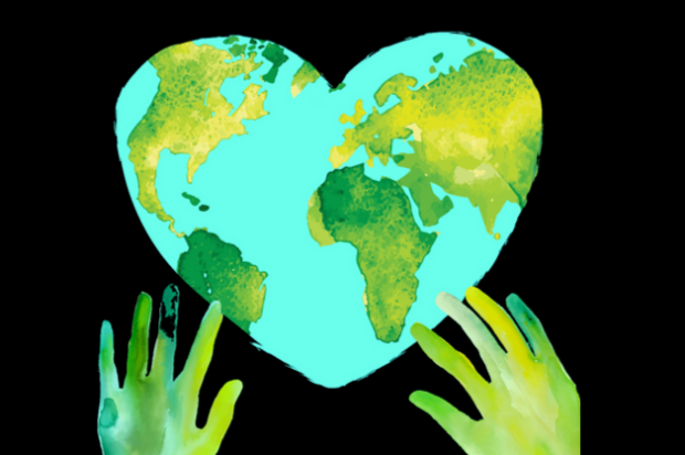 Earth in the shape of a heart with two hands reaching towards it