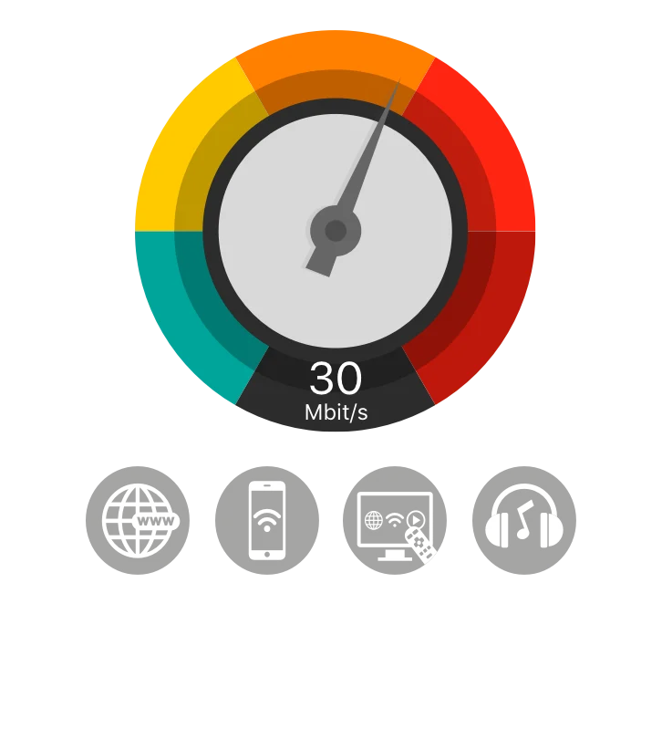 
                Broadband speedometer pointing at 30 megabits per second. This speed is acceptable for internet browsing and streaming music and video content.
            