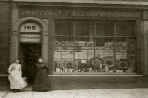 Image of Allsopp Bookbinders's shop front in 1901