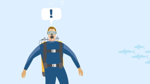 An illustration of a scuba diver with a speech bubble with an exclamation mark in it.