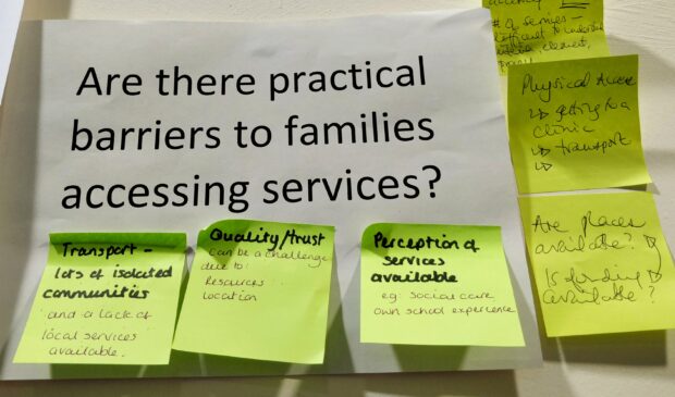 A sign in a workshop that says "Are there practical barriers to families accessing services?"