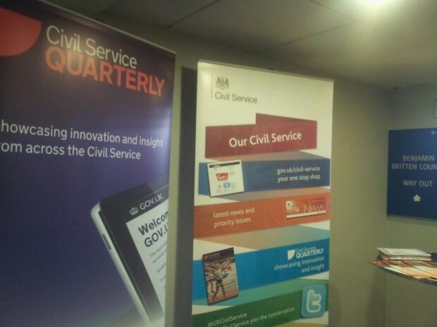 Two upright banners side-by-side, one for Civil Service Quarterly, one for Civil Service Live.
