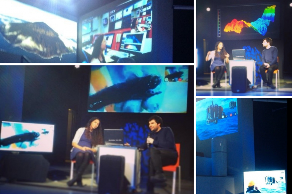 Top left: live link up to scientists looking at underwater maps, bottom right the presenters looking at the live link up showing a fish, top right presenters explaining the underwater mapping data, bottom right a photo the live link up on the ship