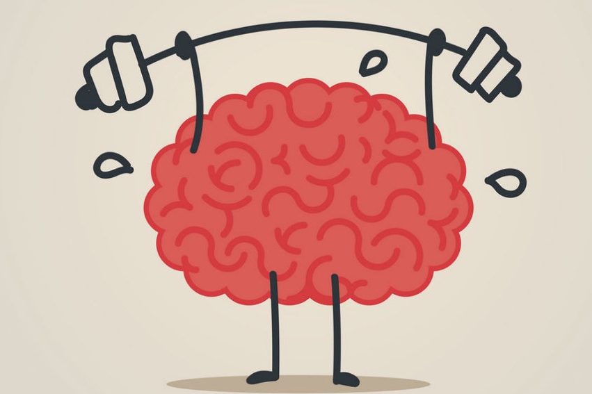 Cartoon image of a brain with arms and legs lifting weight to demonstrate mental fitness