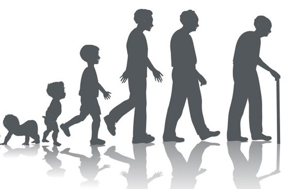 Silhouette of baby growing through life stages to old age 