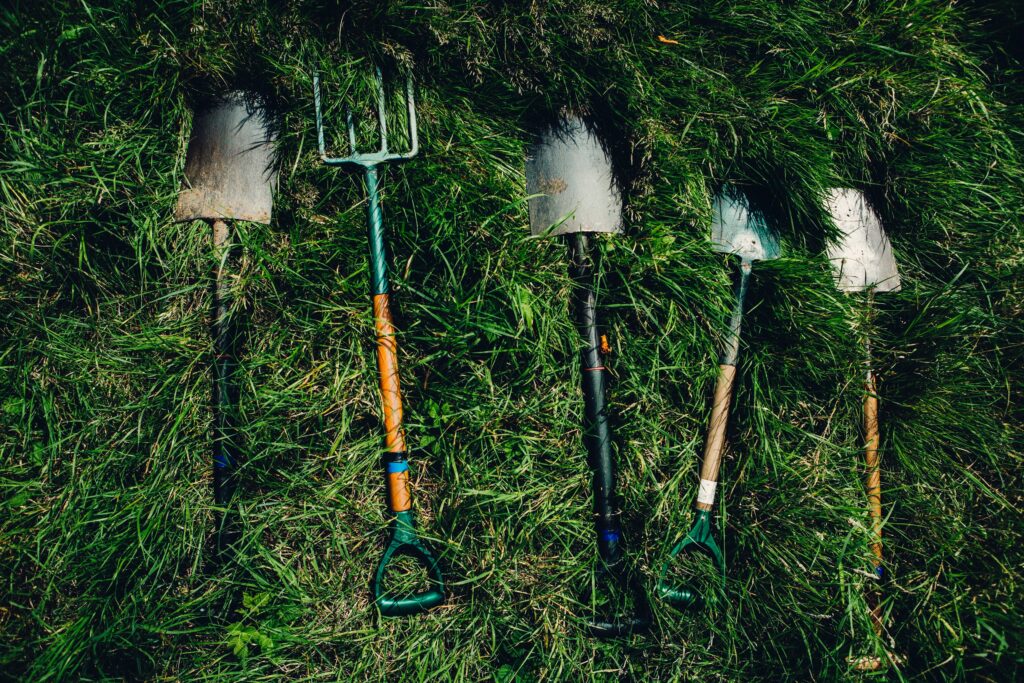 4 spades and a fork laying on grass