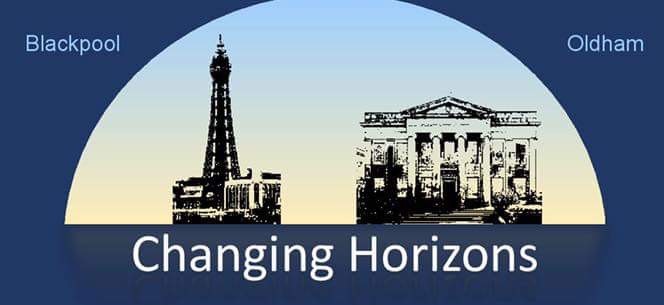 Changing Horizons logo featuring drawings of Blackpool Tower and Oldham town hall.
