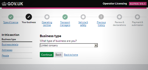 Gov.uk website page showing new operator self service system