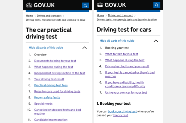 Before and after of the driving test guide on GOV.UK