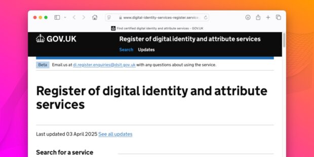 A screenshot of the new public beta of the Register of digital identity and attribute services on GOV.UK