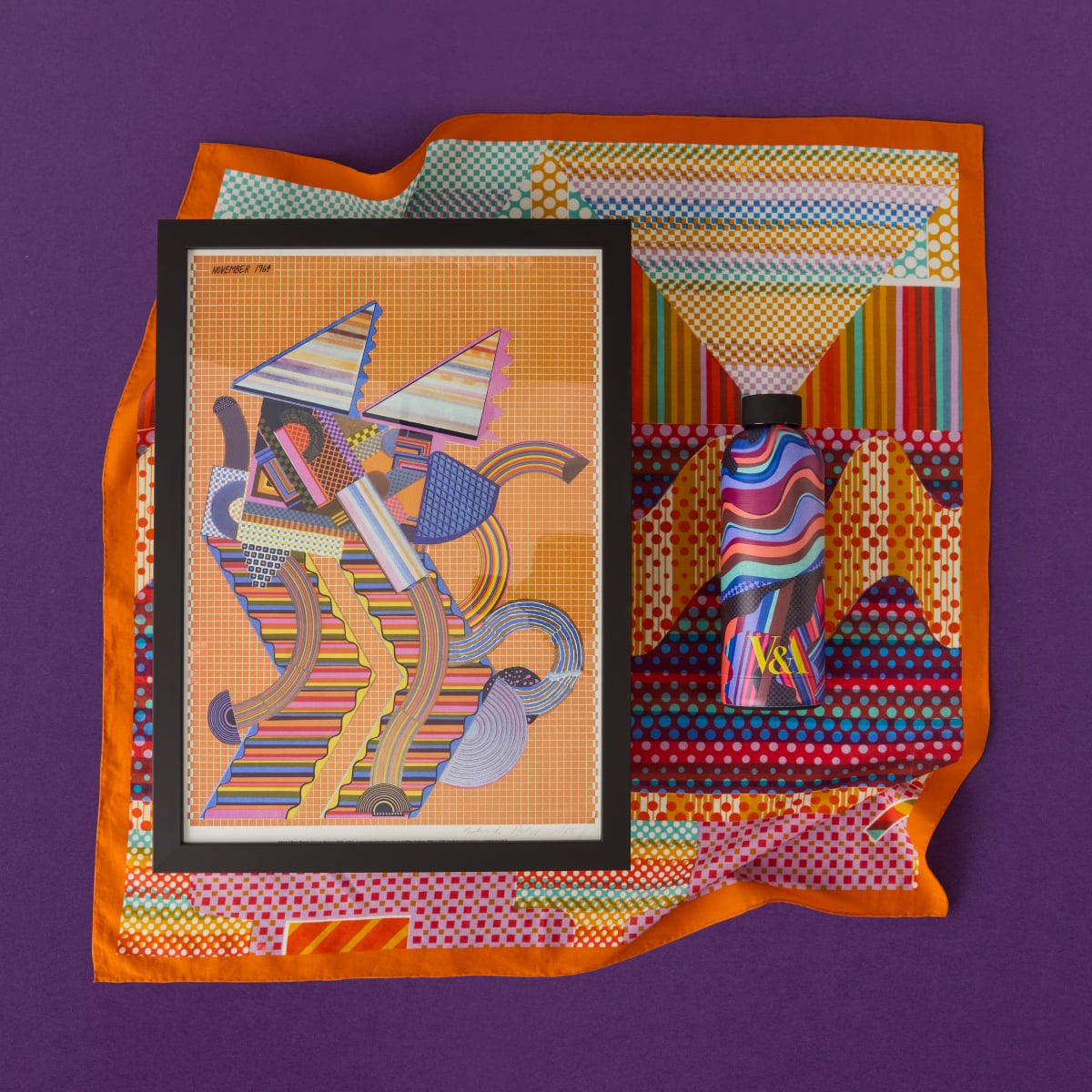 A trio of colourful fashion and home accessories featuring patterns adapted from Pop Art's pioneer Eduardo Paolozzi. 
