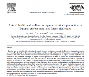 Image of a published article with the title, 'Animal health and welfare in organic livestock production in Europe: current state and future challenges.'