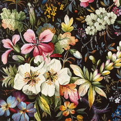 William Kilburn Floral pattern featuring flowers of various colours set on a dark background.