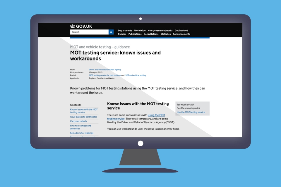Known issues and guidance screen - MOT testing service