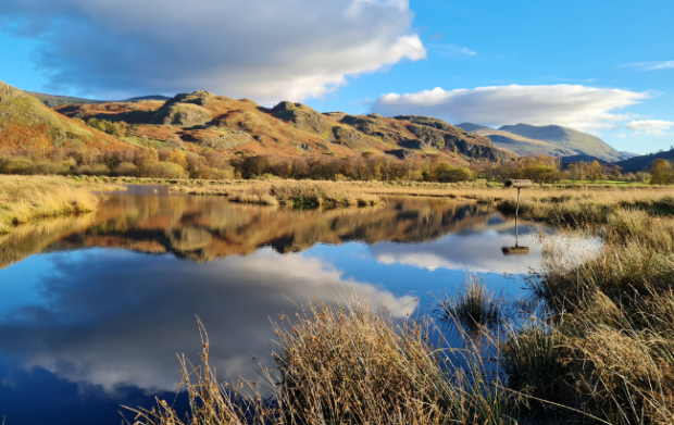 Photo of a mountains reflected on a still lake.